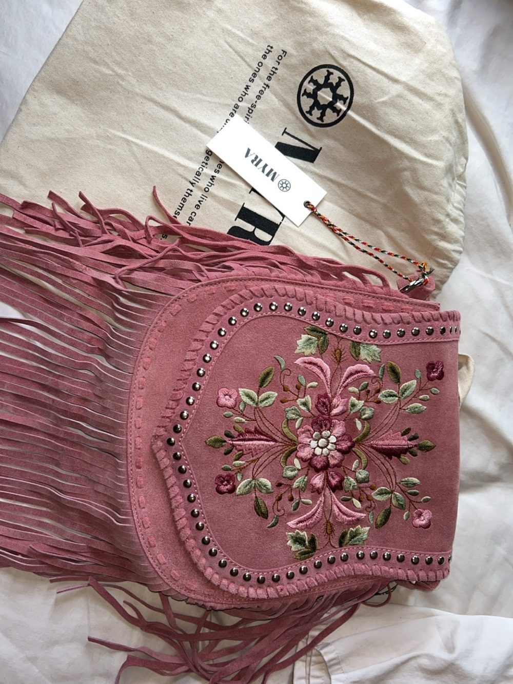 Myra Bag Pink Embroidered Fringe Crossbody - Picture 2 of 3